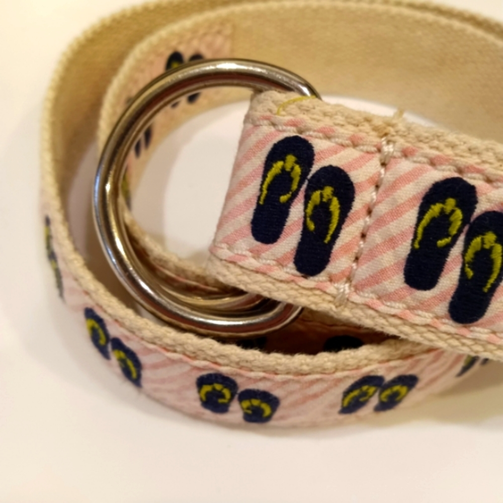 J. Crew Web Belt w/ Flip Flop Embroidery on Pink & White Stripe Seersucker - Picture 2 of 9